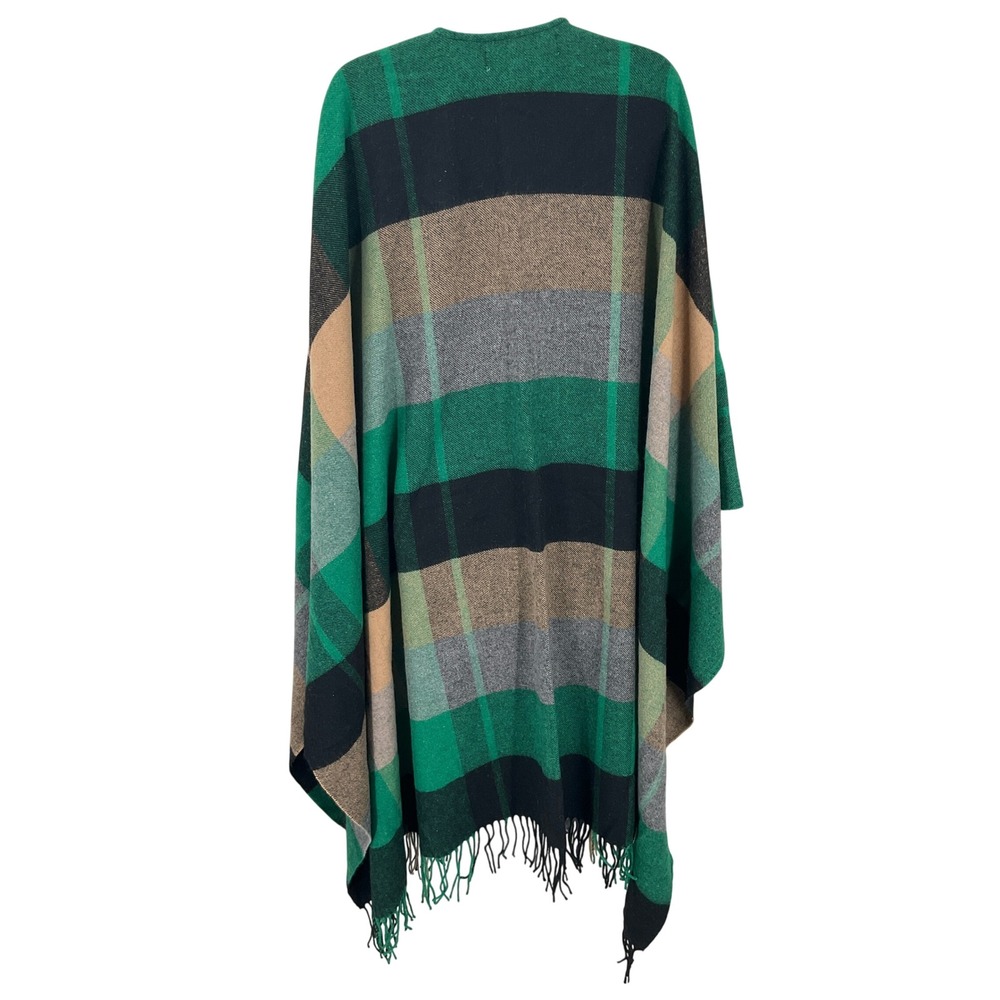 Zara Poncho Wrap Womens M Green Wool Blend Plaid‎ Fringe Oversized Cape NEW - Picture 2 of 9